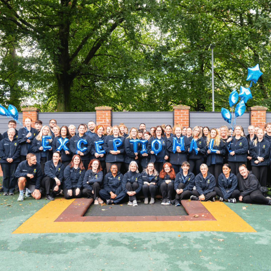 Oliver House School team holding up balloons spelling "exceptional" after ofsted outcome